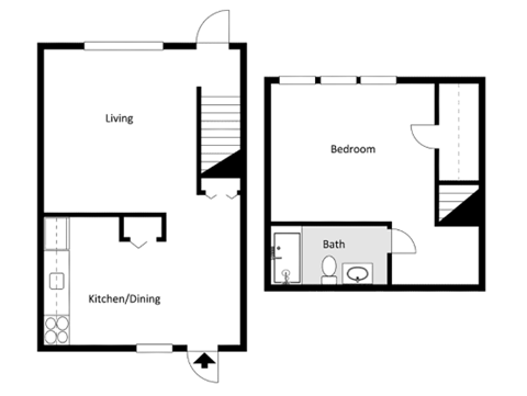 A black and white image of a floor plan for a home with a living room, kitchen/dining area, and bedroom.